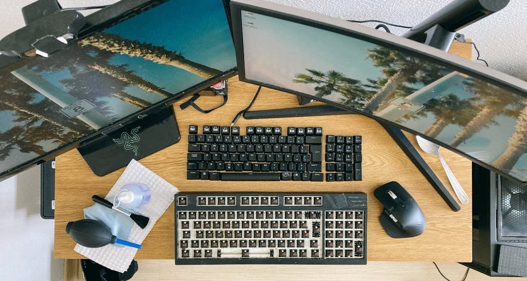 From above of desktop with multi monitors and keyboard with remove keycaps for cleaning